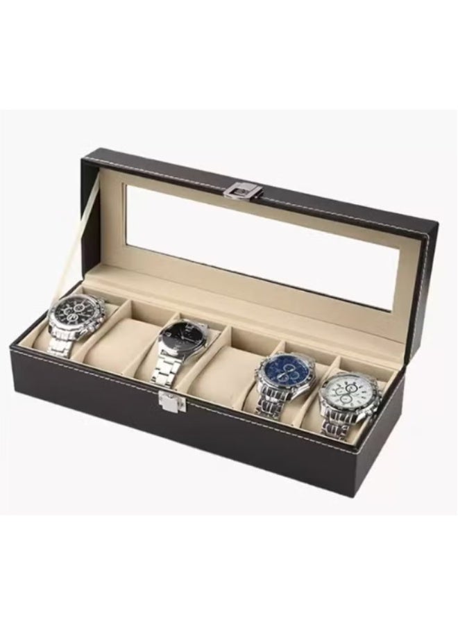 صندوق تخزين ساعات اليد بستة فتحات، بسعة كبيرة، مصنوع من الجلد المقاوم للغبار والخدوش، وهو قابل للحمل (أسود). - Image 1